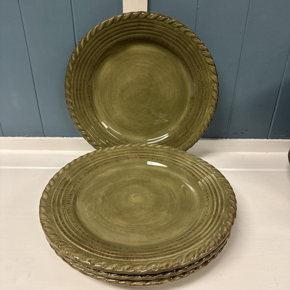 Set Of 4 Z Gallerie LUCCA Rope Pattern‎ 11" Dinner Plates Green EUC
